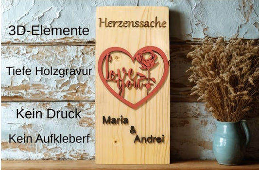 Personalisierte Holzdeko mit 3D-Herz „Herzenssache“ – kostenlose Lieferung