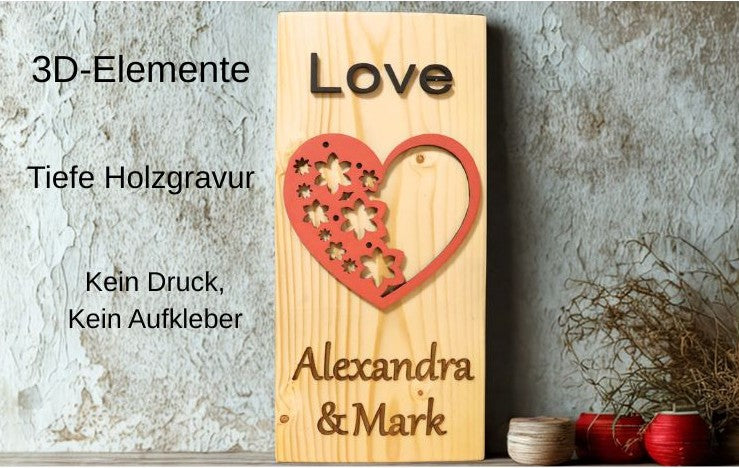 Personalisierte Holzdeko mit 3D-Herz – kostenlose Lieferung